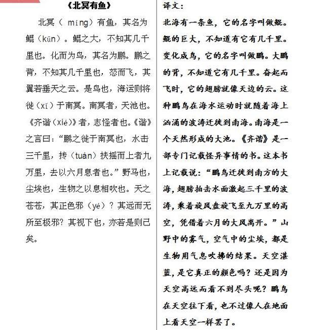 初中课文北冥有鱼翻译